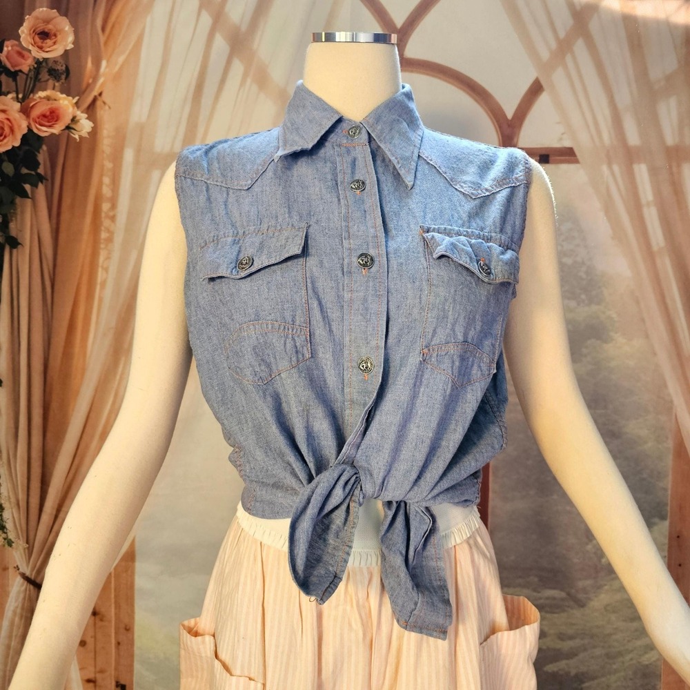 Vintage 1970s Blouse Top Shirt Denim Jean Button Up Miss K Cotton Blue Orange